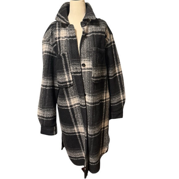 Gap Black Plaid Long Wool Shirt Jacket - Picture 3 of 6